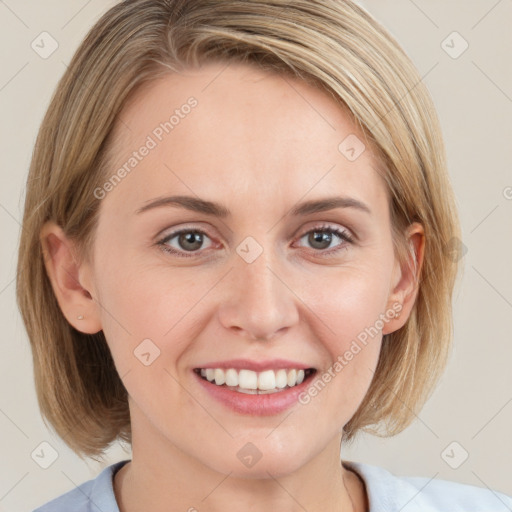 Joyful white young-adult female with medium  brown hair and blue eyes