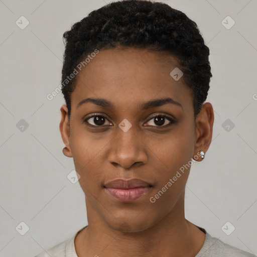 Neutral black young-adult female with short  black hair and brown eyes