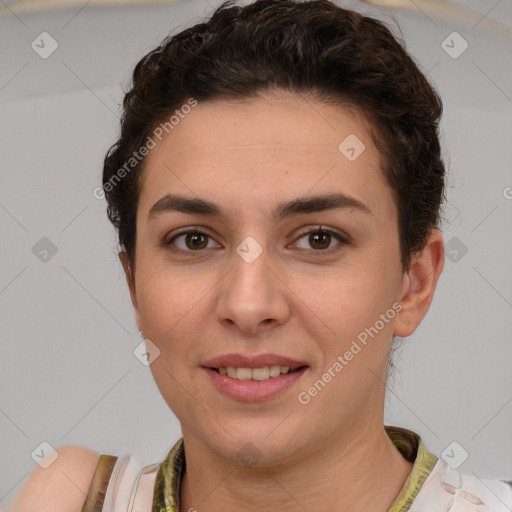 Joyful white young-adult female with short  brown hair and brown eyes