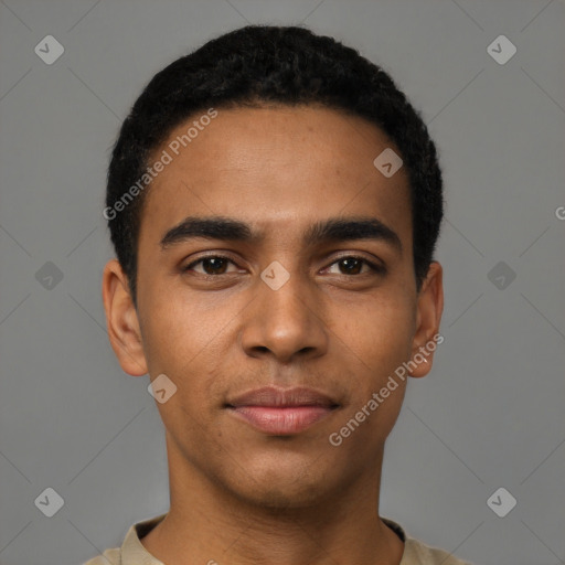 Neutral latino young-adult male with short  black hair and brown eyes