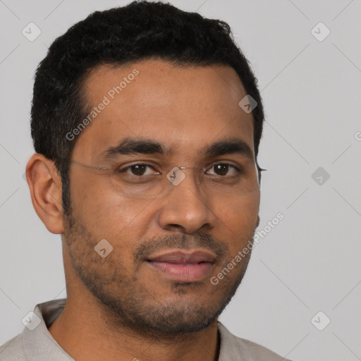 Neutral latino young-adult male with short  black hair and brown eyes