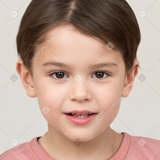 Joyful white child female with short  brown hair and brown eyes