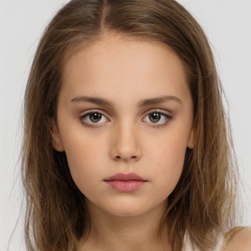 Neutral white child female with long  brown hair and brown eyes