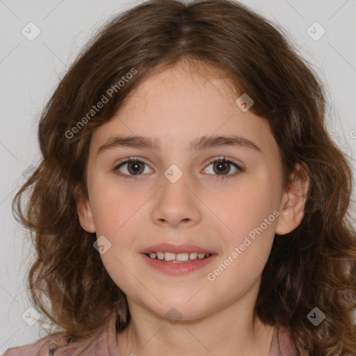 Joyful white child female with medium  brown hair and brown eyes