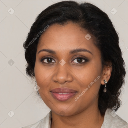 Joyful black young-adult female with medium  brown hair and brown eyes