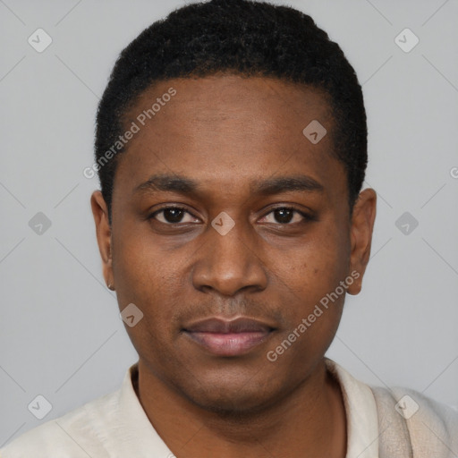Neutral black young-adult male with short  black hair and brown eyes