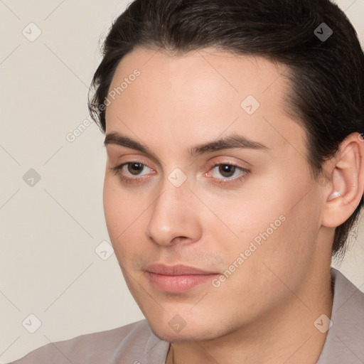 Joyful white young-adult male with medium  brown hair and brown eyes