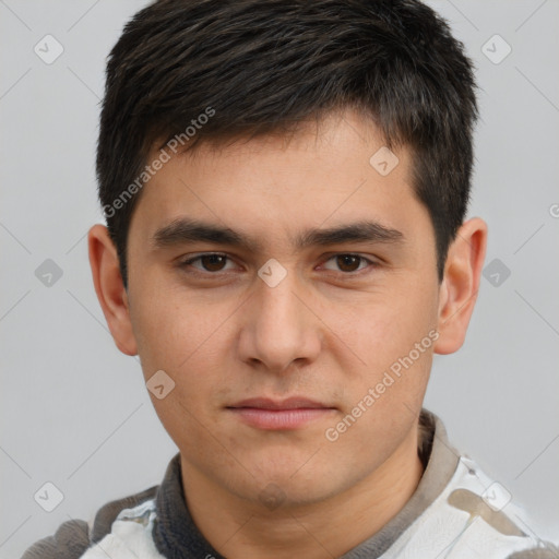 Neutral white young-adult male with short  brown hair and brown eyes