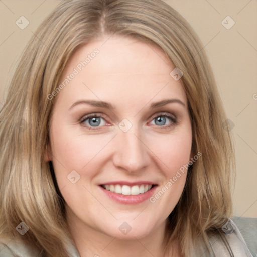 Joyful white young-adult female with medium  brown hair and blue eyes