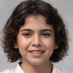 Joyful white child female with medium  brown hair and brown eyes