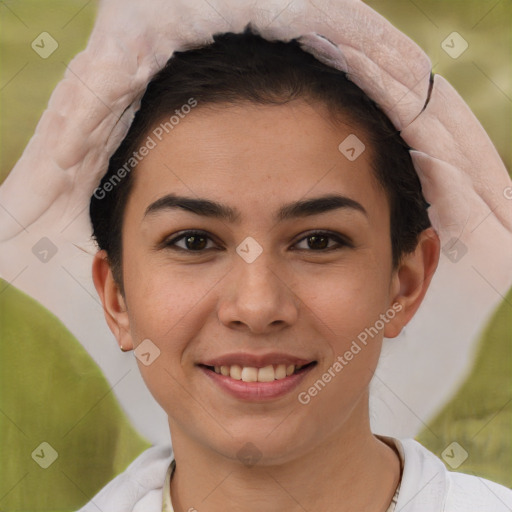 Joyful white young-adult female with short  brown hair and brown eyes