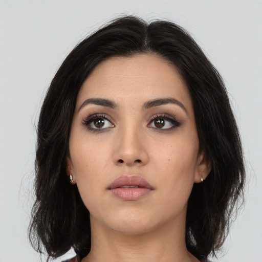 Neutral asian young-adult female with long  brown hair and brown eyes