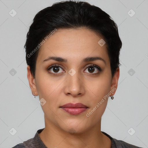 Joyful latino young-adult female with short  black hair and brown eyes