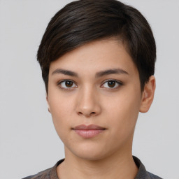 Neutral white young-adult female with short  brown hair and brown eyes