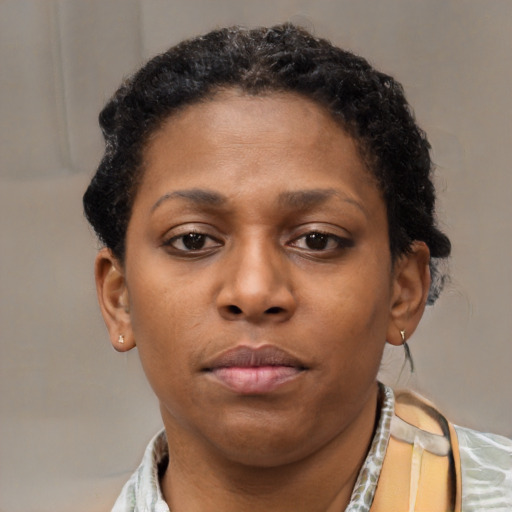 Neutral black young-adult female with short  brown hair and brown eyes