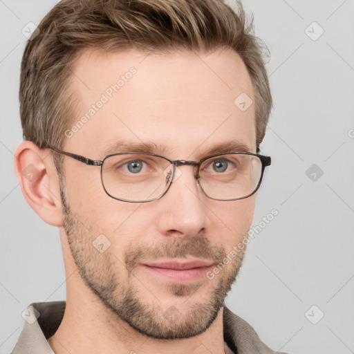 Neutral white adult male with short  brown hair and grey eyes