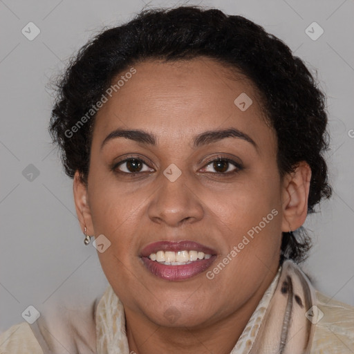 Joyful latino young-adult female with short  brown hair and brown eyes