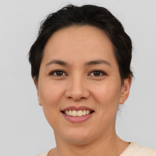 Joyful asian young-adult female with short  brown hair and brown eyes