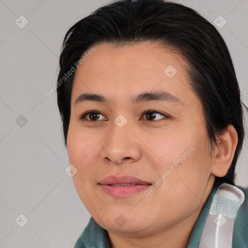 Joyful white young-adult female with medium  brown hair and brown eyes