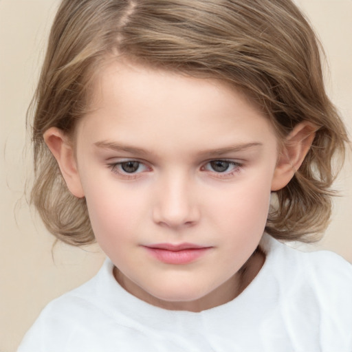 Neutral white child female with medium  brown hair and grey eyes