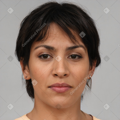 Neutral asian young-adult female with medium  brown hair and brown eyes