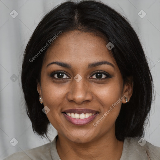 Joyful black young-adult female with medium  black hair and brown eyes