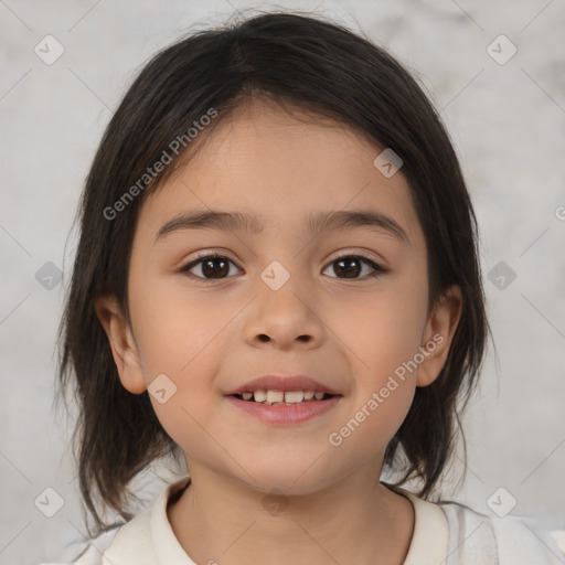 Joyful white child female with medium  brown hair and brown eyes