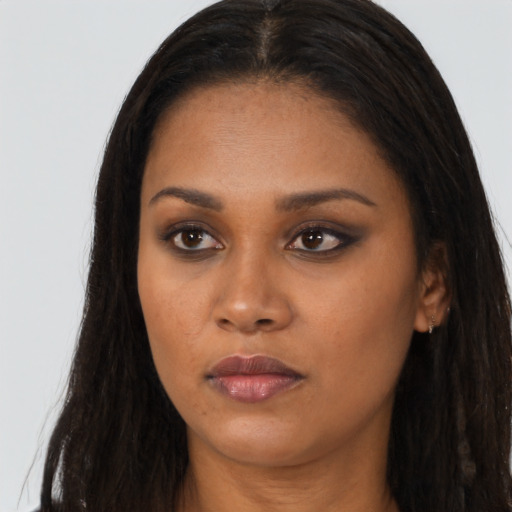 Neutral asian young-adult female with long  brown hair and brown eyes