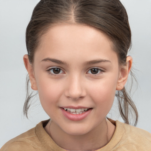 Joyful white child female with medium  brown hair and brown eyes