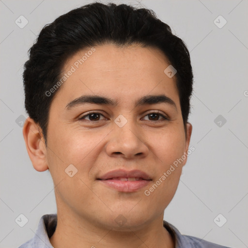 Joyful latino young-adult male with short  brown hair and brown eyes