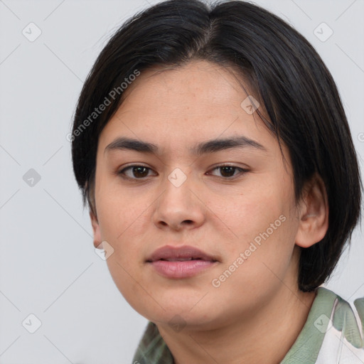 Neutral asian young-adult female with medium  brown hair and brown eyes