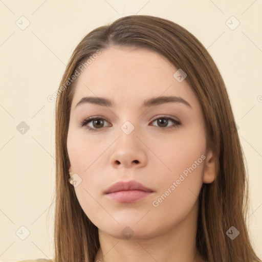 Neutral white young-adult female with long  brown hair and brown eyes