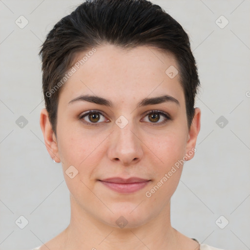 Joyful white young-adult female with short  brown hair and brown eyes