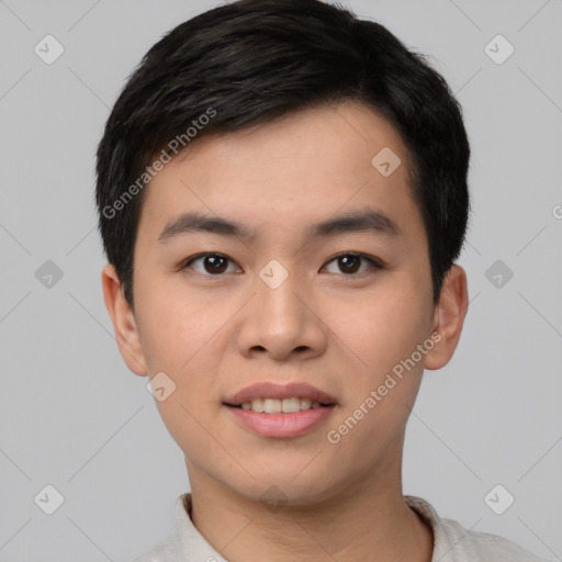 Joyful asian young-adult male with short  black hair and brown eyes