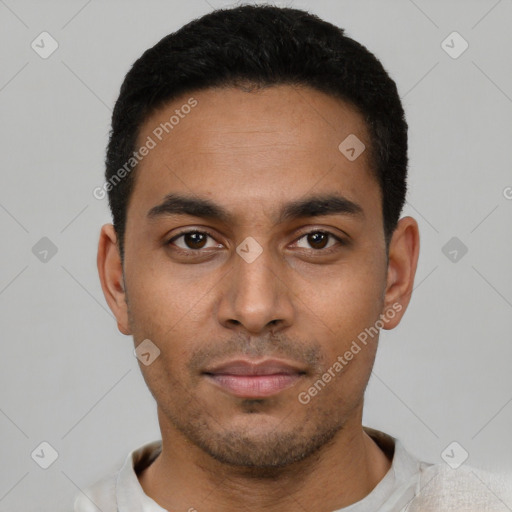 Neutral latino young-adult male with short  black hair and brown eyes