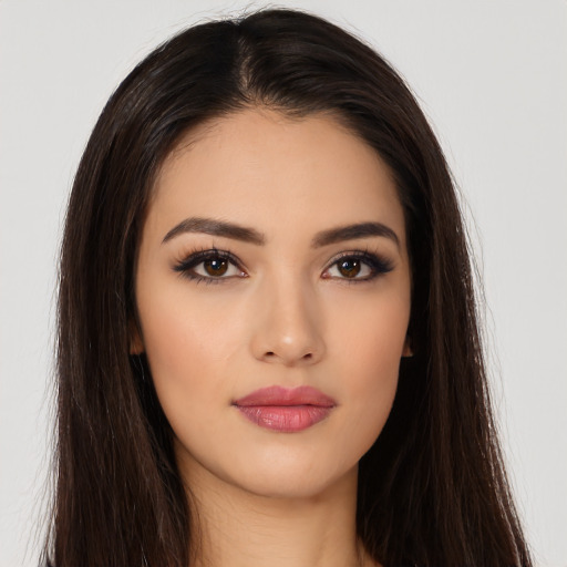 Neutral asian young-adult female with long  brown hair and brown eyes