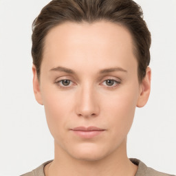 Neutral white young-adult female with short  brown hair and brown eyes