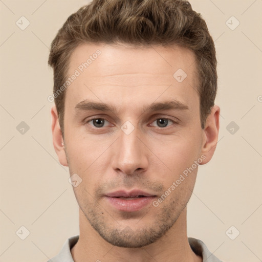 Neutral white young-adult male with short  brown hair and brown eyes