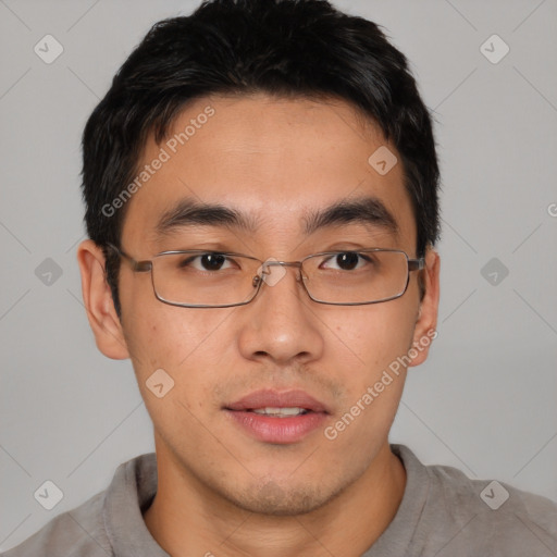 Neutral asian young-adult male with short  brown hair and brown eyes