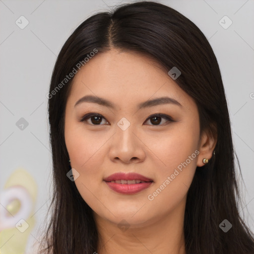 Joyful asian young-adult female with long  brown hair and brown eyes