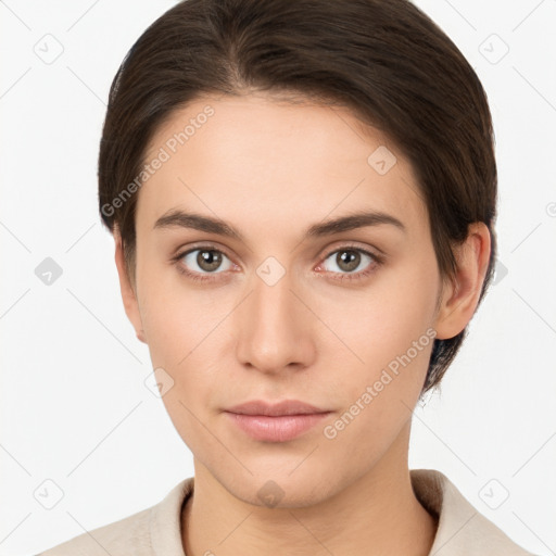 Neutral white young-adult female with short  brown hair and brown eyes