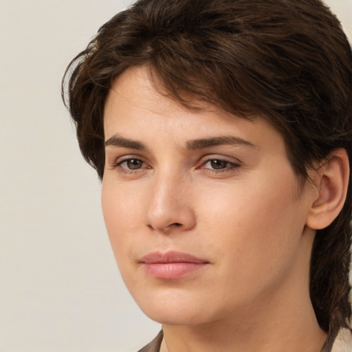 Neutral white young-adult female with medium  brown hair and brown eyes