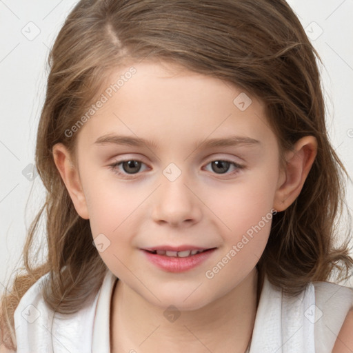 Joyful white child female with medium  brown hair and brown eyes