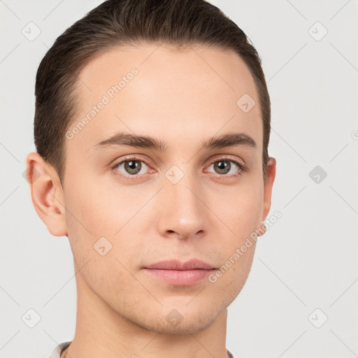 Neutral white young-adult male with short  brown hair and brown eyes