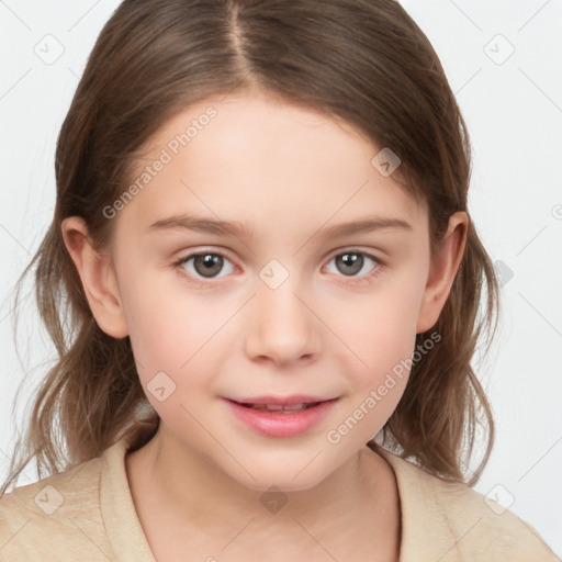 Joyful white child female with medium  brown hair and brown eyes