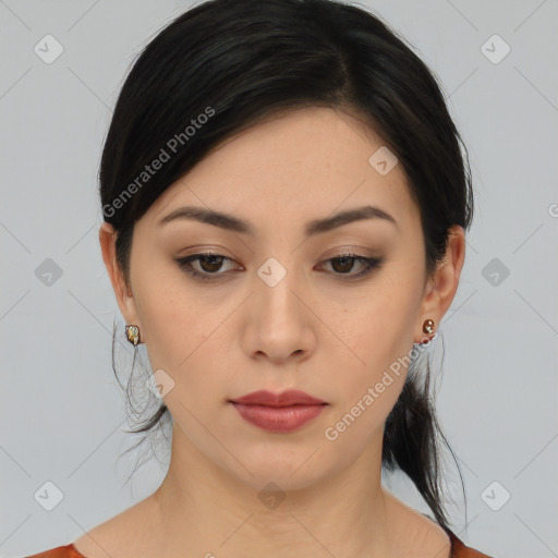 Neutral asian young-adult female with medium  black hair and brown eyes