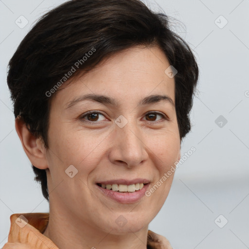 Joyful white adult female with short  brown hair and brown eyes