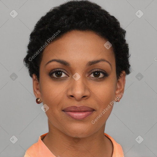 Joyful latino young-adult female with short  black hair and brown eyes