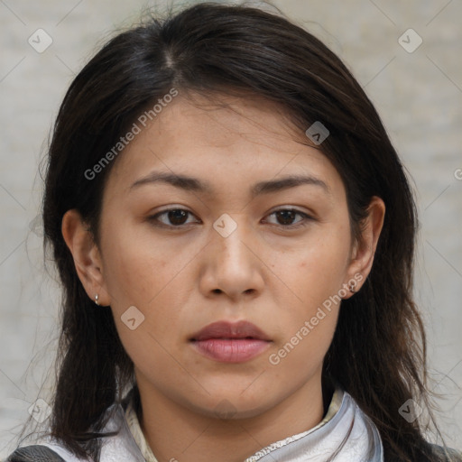 Neutral white young-adult female with medium  brown hair and brown eyes