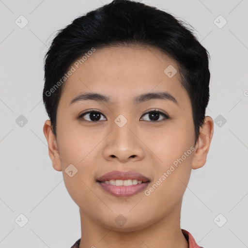 Joyful asian young-adult female with short  black hair and brown eyes
